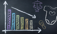 Falling bar chart with doodles of baby items